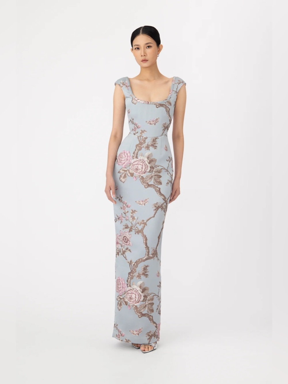 new Sau Lee Brooke Brocade Gown in blue ash floral print
